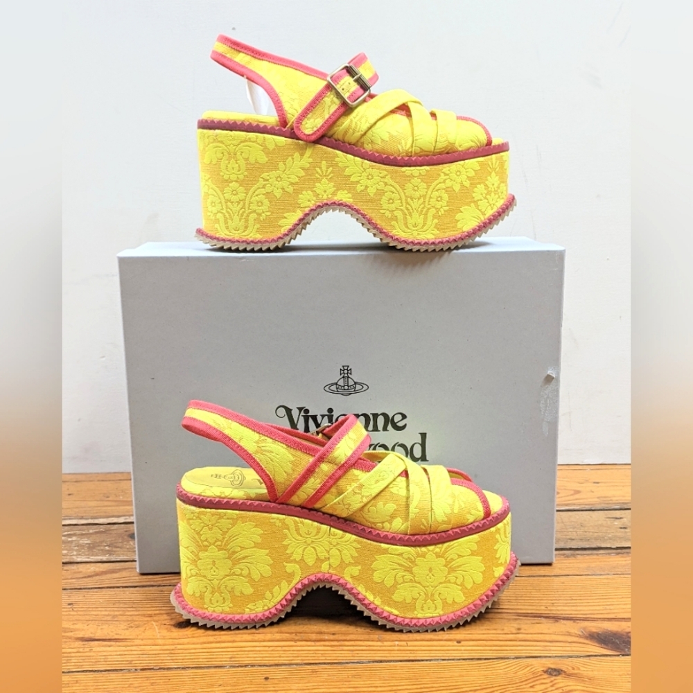 ⚡SOLD⚡ Vivienne Westwood Northern Sole Damask Platform Sandals In Citron+Fuchsia